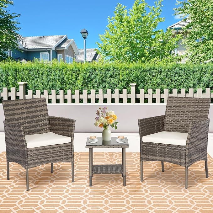 FDW 3 Piece Outdoor Furniture Set Patio Gray Wicker Chairs Furniture Bistro - Image 2