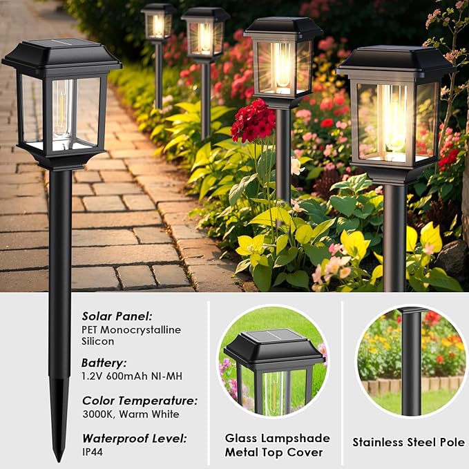 Mancra Solar Outdoor Lights Waterproof, 8 Pack Metal Glass Solar Pathway Lights - Image 3