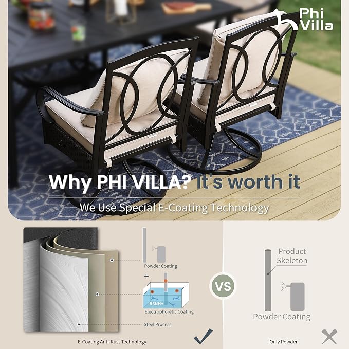 PHI VILLA 7-Piece Outdoor Dining Set, Heavy Duty Patio Table and Chairs Set - Image 9
