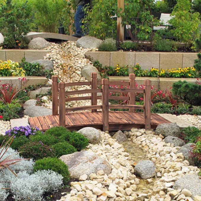 Giantex 5 FT Wooden Garden Bridge, Stained Wood Arc Footbridge - Image 2