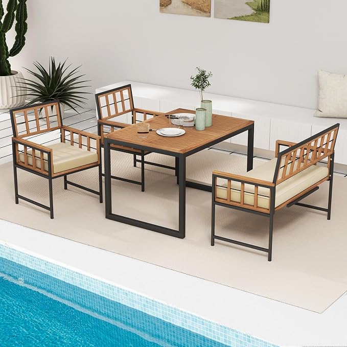 Tangkula 4 Piece Patio Dining Set, Outdoor Wood Dining Furniture W/ 2 Chairs & - Image 9
