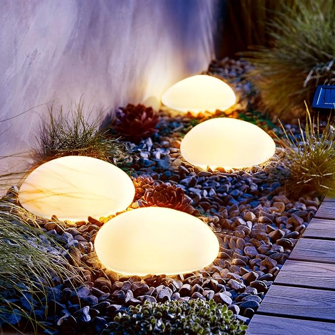 SUNNYPARK Solar Garden Lights Outdoor Set of 4 Plastic Pebble Shape Decorative by SUNNYPARK