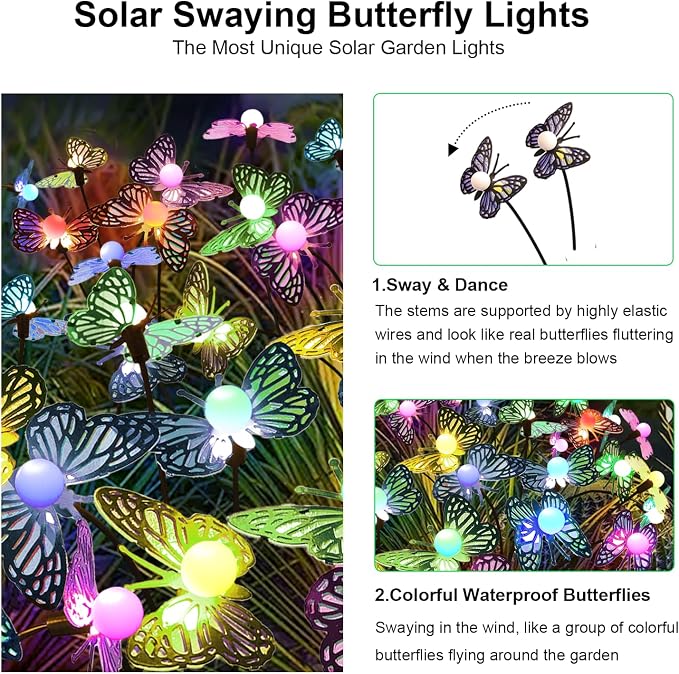 Solar Garden Butterfly Lights, 4 Pack 48 LED Solar Swaying Lights, 7 Color - Image 2