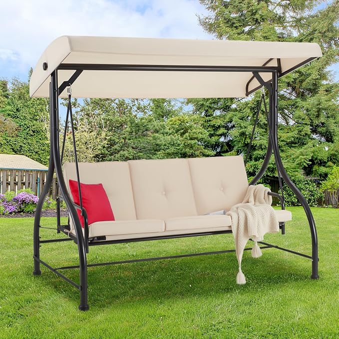 AECOJOY Porch Swing Chair, 3 Seats Porch Swing Adjustable Canopy Outdoor Swing - Image 7