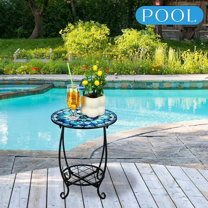Outdoor Side Table Round Small Mosaic Patio Accent Indoor End Plant Coffee Tea - Image 5