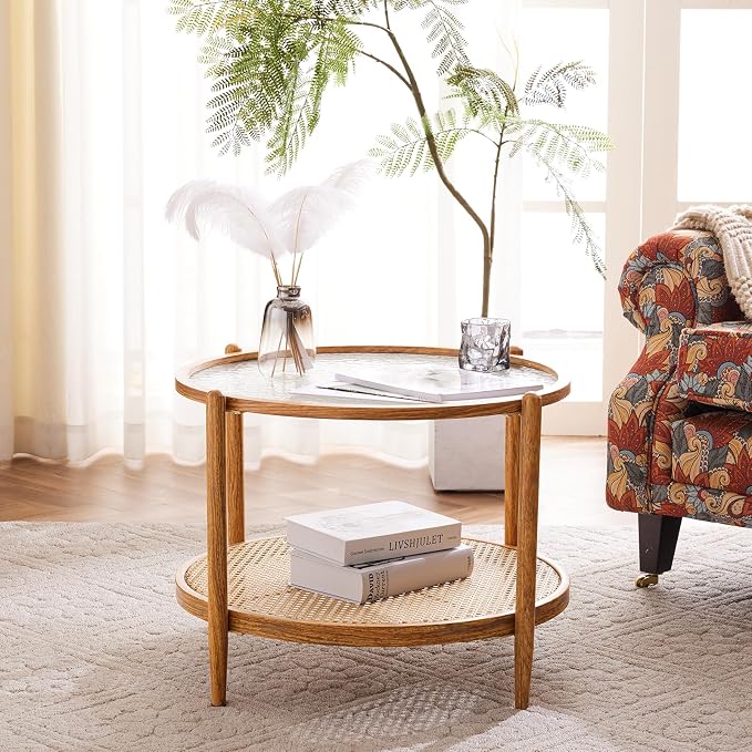 VINGLI 25.6" Rattan Coffee Table, Round Water-Wave Glass Metal Center Table - Image 7