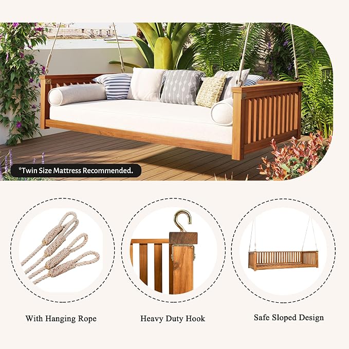 LUMISOL Twin Size Patio Swing Bed, Wooden Porch Swing Frame - Image 4