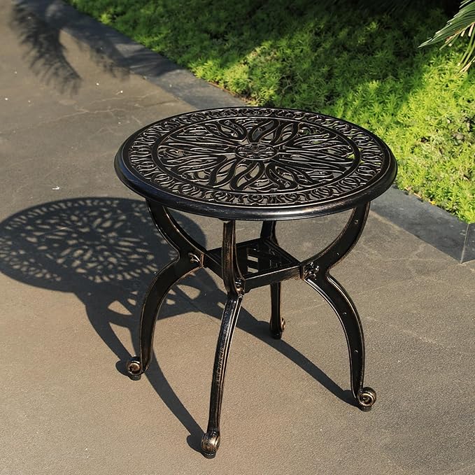 Cast Aluminum Outdoor Side Table, All Weather Round Small Coffee Table - Image 2