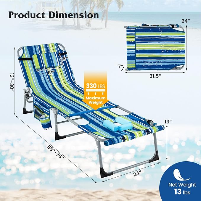 GYMAX Tanning Chair, 330LBS Beach Lounge Chair w/Face Arm Hole & Hand Shoulder - Image 3
