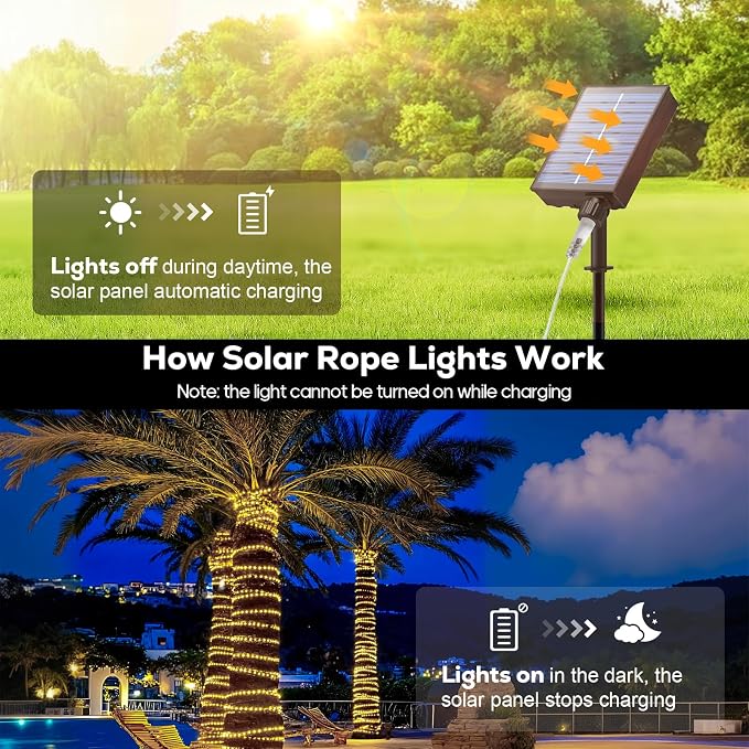 ICRGB Solar Rope Lights Outdoor, 66FT 200LED Christmas Fairy Light - Image 4