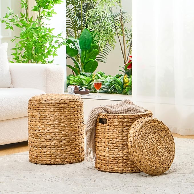 Wimarsbon Round Pouf Ottomans, Handwoven Natural Water Hyacinth Seagrass Pouffe - Image 7
