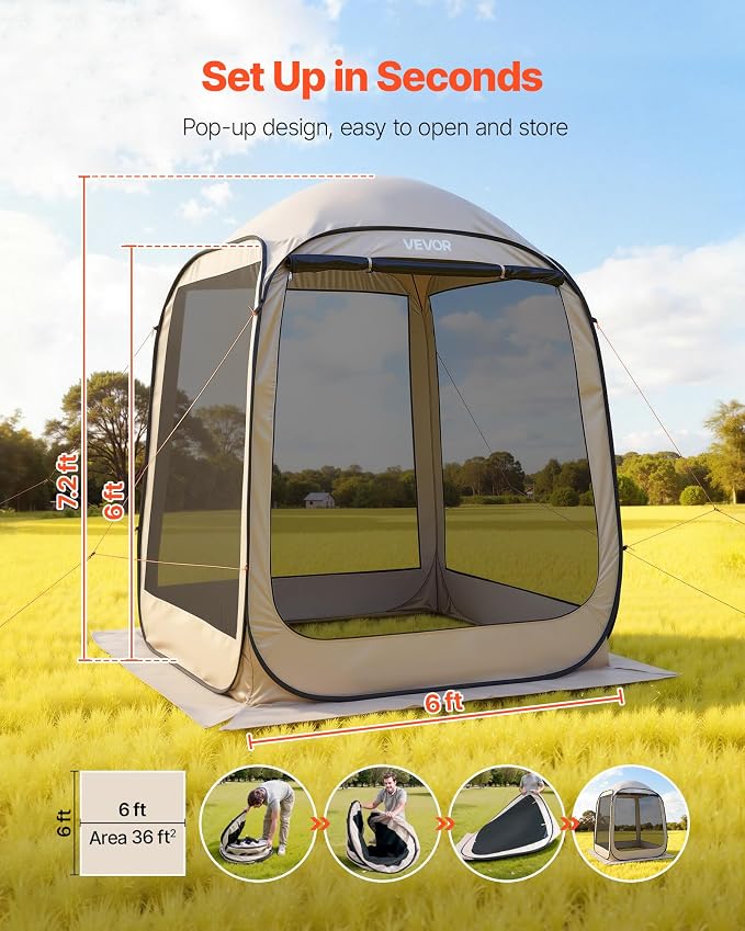 VEVOR 6 x 6 ft Pop up Screen House Tent, 4-6 Person Portable Screen Gazebo - Image 2