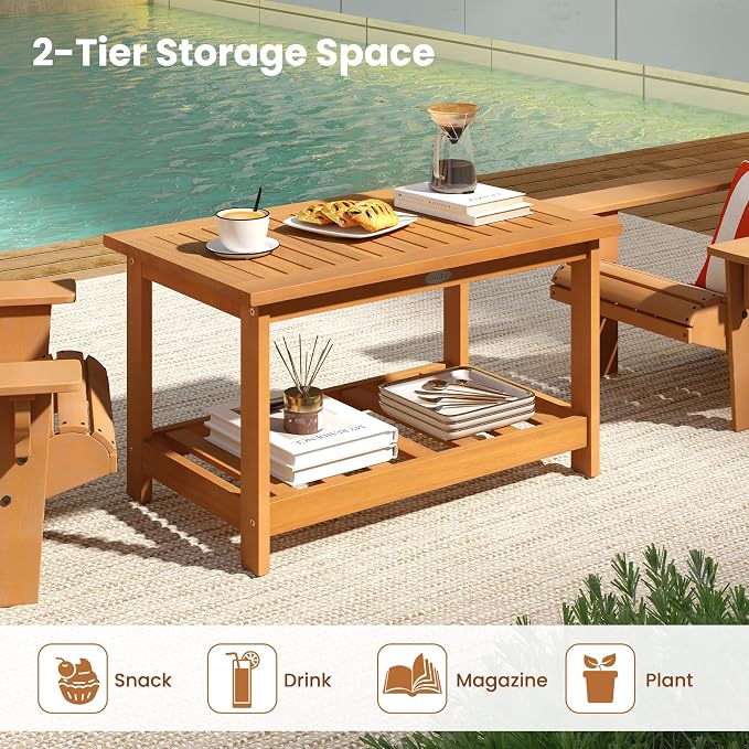 Tangkula Outdoor Acacia Wood Coffee Table, Patio 29.5” Rectangle Slatted 2 Tier - Image 8