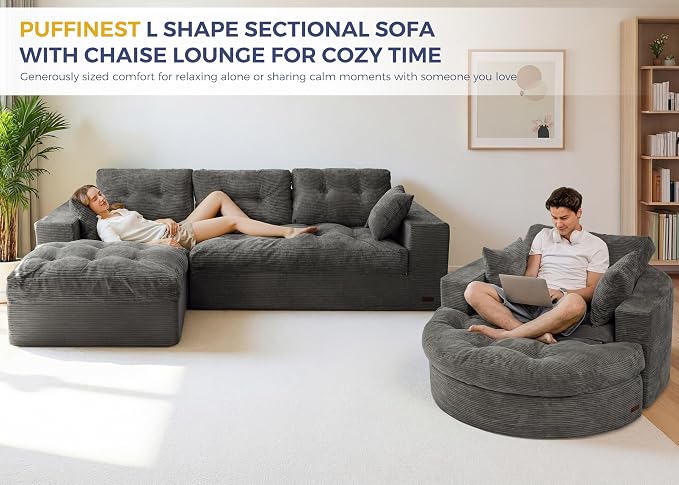 MAXYOYO L Shape Sectional Sofa Couch and Round Chaise Lounge, Modern Cloud Couch - Image 3