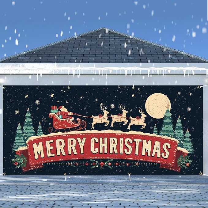 ANNA QUEEN Christmas Garage Door Banner 6×13 FT, Retro Santa Sleigh & Merry - Image 7