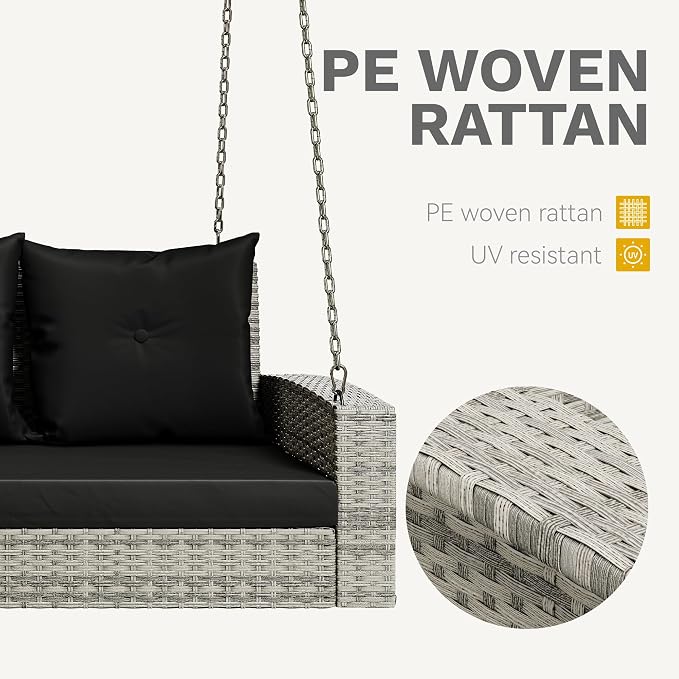 DWVO 3-Seats Wicker Hanging Porch Swing Chair Outdoor Gray Rattan Patio Swing - Image 5