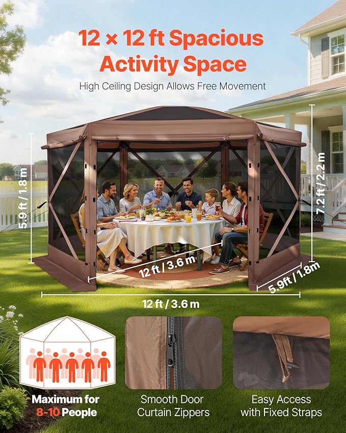 VEVOR Pop up Gazebo Screen Tent, 12 x 12 ft Large 6-Sided Camping Canopy Tent - Image 2