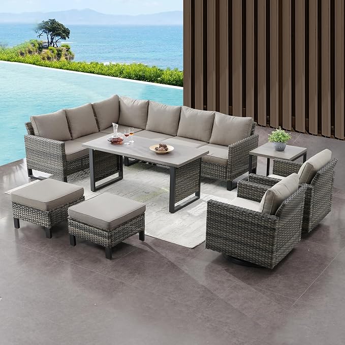 Belord Outdoor Sectional Sofa 6 Seater L Shaped Couch Wicker Patio Conversation - Image 8