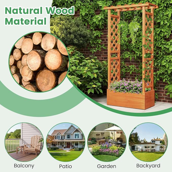 Giantex Raised Garden Bed with 2-Sided Trellis & Hanging Roof, Fir Wood Planter - Image 3