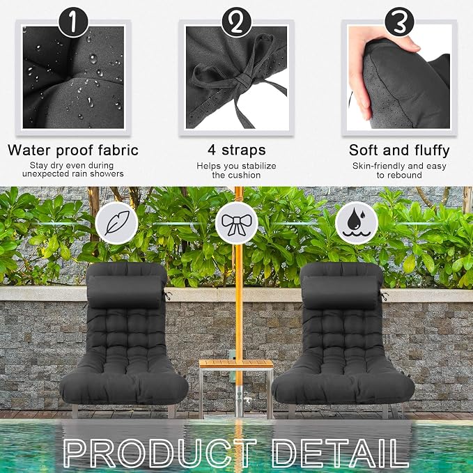 Tudomro 1 Pcs Grey 66'' Outdoor Chaise Lounge Cushion Waterproof Patio Lawn - Image 3