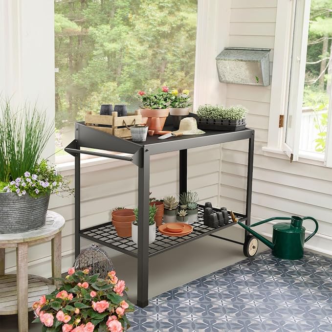 Metal Potting Bench with Wheels Planting Table - Image 7