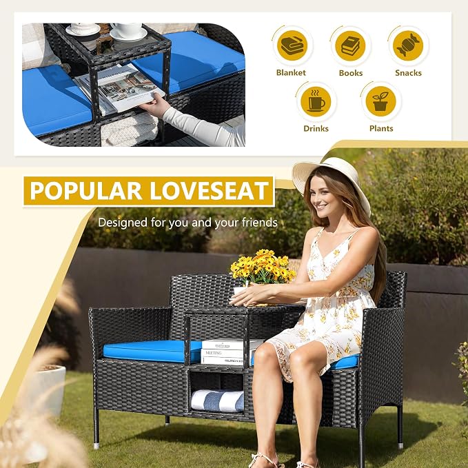 Devoko Outdoor Patio Loveseat Modern Rattan 2-Seat Patio Conversation Set - Image 3
