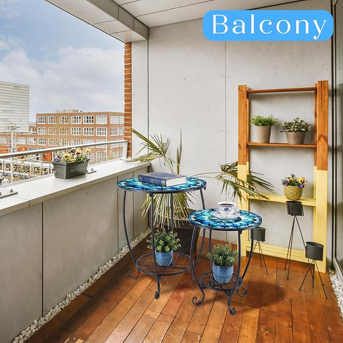 2 Pcs Outdoor Side Table Small Patio Round Mosaic Accent Indoor End Table Plant - Image 6