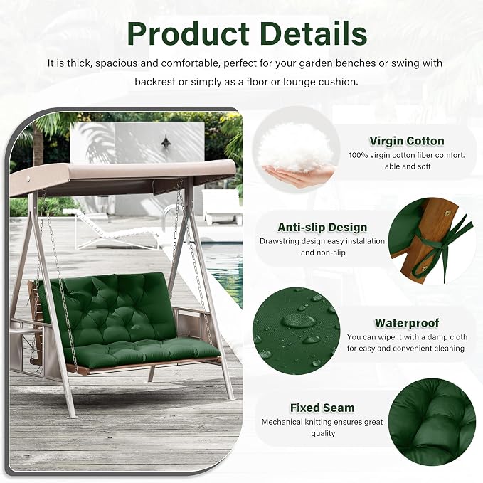 Porch Swing Cushion with Backrest, Waterproof Bench Cushion - Image 3