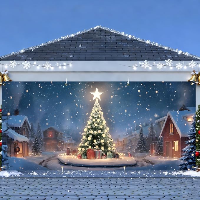 Christmas Garage Door Banner 6x13FT, Night Village Christmas Tree Scene - Image 2