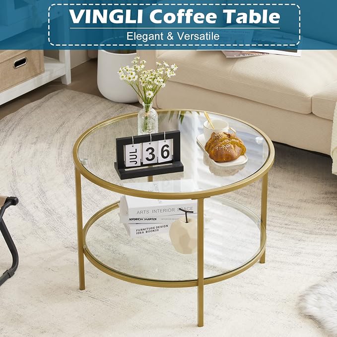 VINGLI Glass Coffee Table, 25.6" Round Champagne Gold Coffee Tables - Image 4