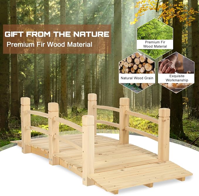 HOMEDIARY 5 FT Fir Wood Garden Bridge, Outdoor Classic Wood Arc Footbridge - Image 3