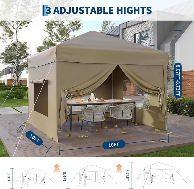 10x10 Pop Up Canopy Tent with 4 SideWalls, Easy Up Canopy with 3 Adjustable - Image 3