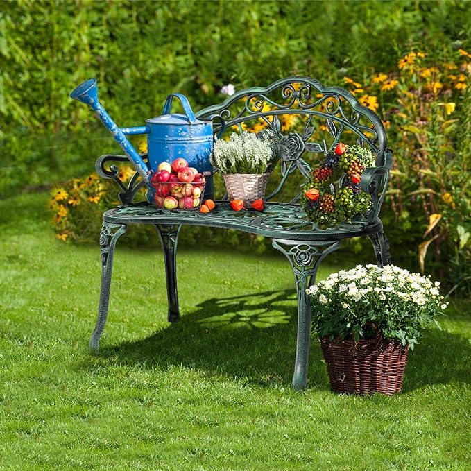 VINGLI 38.5" Patio Park Garden Outdoor Metal Rose Bench, 2-Person Cast Iron - Image 7