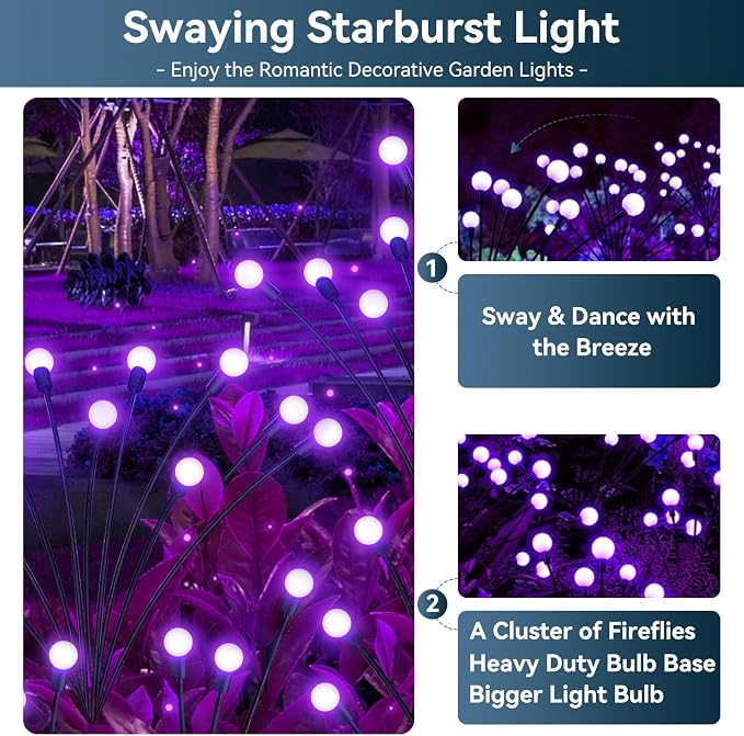 Solar Garden Lights Outdoor Waterproof, 4 Pack 32 LED Swaying Light Firefly - Image 2