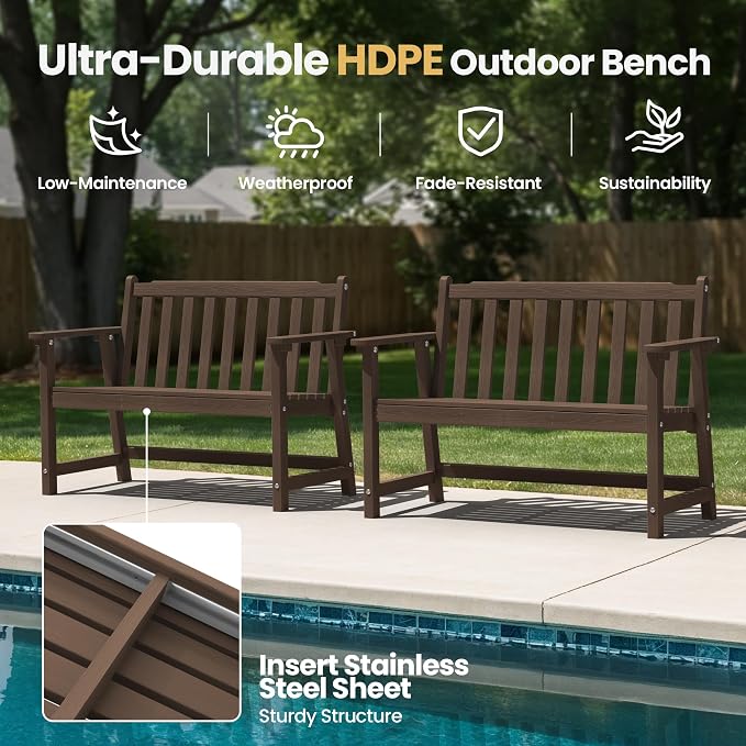 Ciokea 48" Outdoor Bench Set of 2, HDPE Weatherproof Garden Bench, 2-Person - Image 3