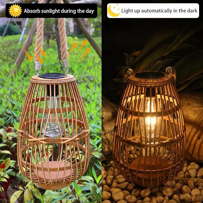 Solar Lantern Outdoor Waterproof Large Rattan Lanterns Decorative Bright Boho - Image 2