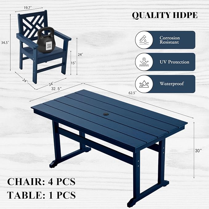 HDPE Dining Table Set for 4, 5-Piece Outdoor Table and Chairs Include 4 Dining - Image 2