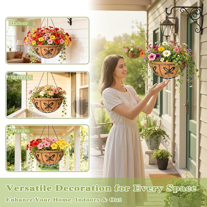 4 Pack 14 Inch Hanging Baskets for Plants Outdoor Metal Hanging Planter Hanging - Image 2