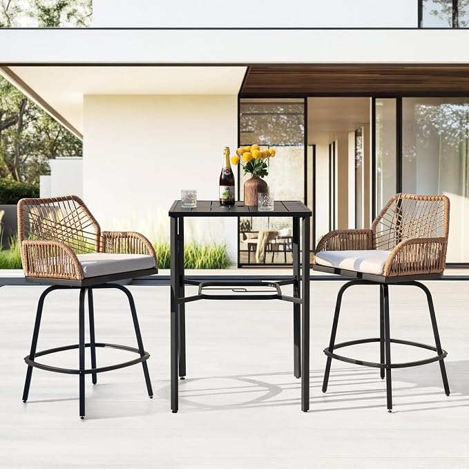 NUU GARDEN 3-Piece Patio Bar Set, All Weather Rattan Swivel Stools 360 Degree - Image 2