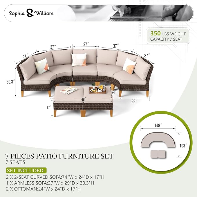 Sophia & William Half Moon Patio Furniture Set 7 Piece Outdoor Sectional Sofa - Image 7