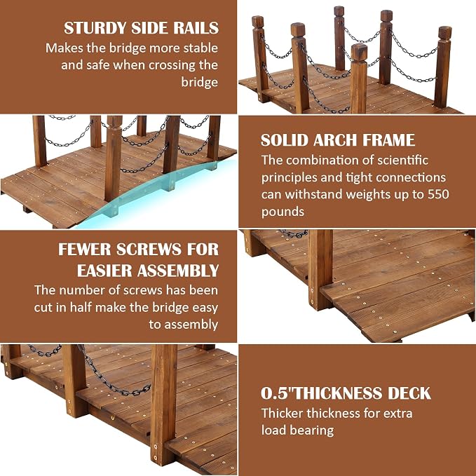 5 FT & 3.3 FT Wooden Garden Bridge, Stained Wood Arc Footbridge - Image 6