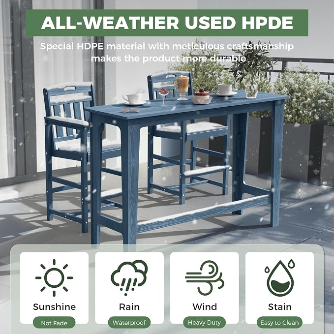 Outdoor Patio Bar Height Table and Tall Adirondack Chairs Set of 2, All-Weather - Image 2