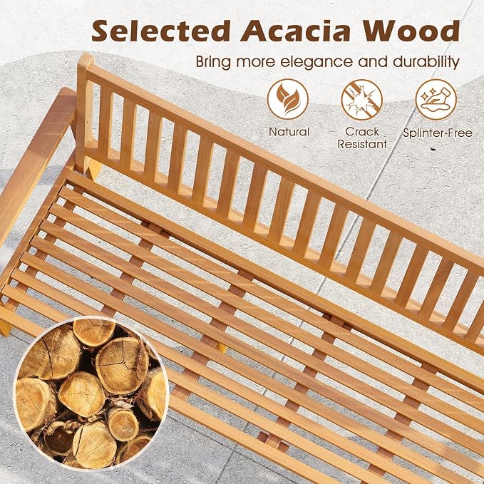 Tangkula 3-Seat Acacia Wood Outdoor Bench - Image 6