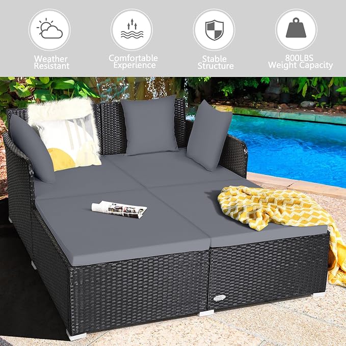 HAPPYGRILL Outdoor Rattan Daybed Patio Loveseat Sofa Set - Image 5
