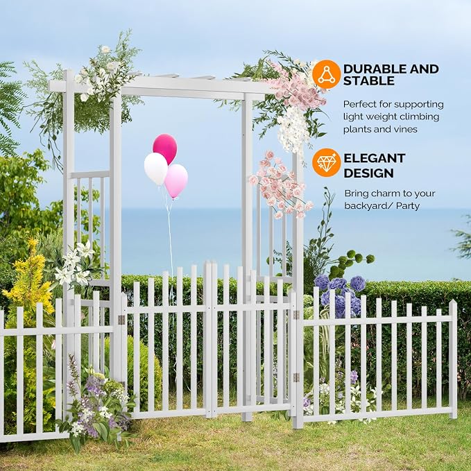 VINGLI Garden Arbor with Gate and Fence, PVC Wedding Arch - Image 5
