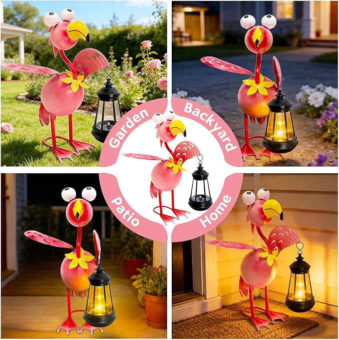Solar Flamingo Statue with Lights, 13in Tall Solar Flamingo Garden Sculptures - Image 4