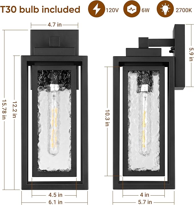 Water Ripple Outdoor Wall Lantern, Exterior Porch Light Fixture Black, 2 Pack - Image 4