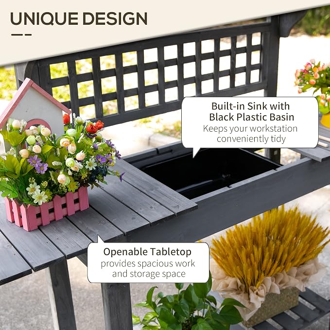 Outsunny Outdoor Potting Bench Table, Wooden Workstation - Image 5