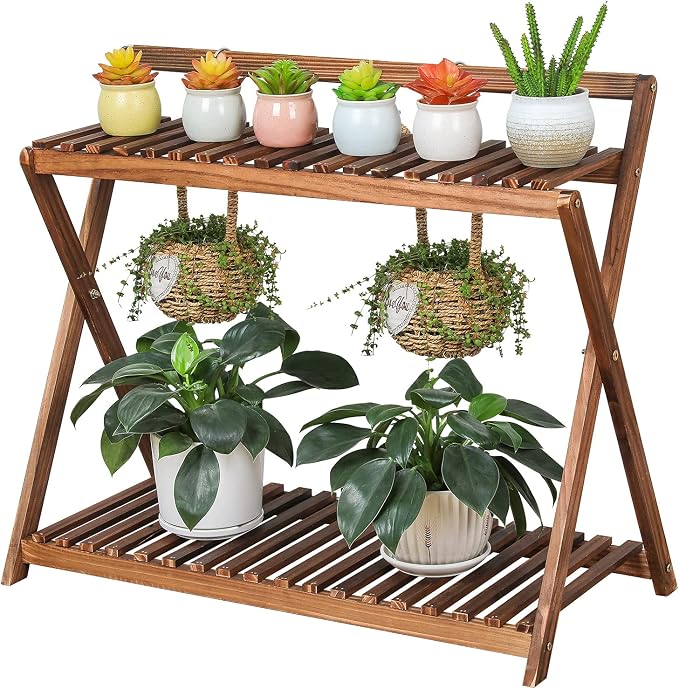 Indoor Plant Stand for Multiple Plants 2 Tier Wood Corner Plant Shelf Rack by TOVACU