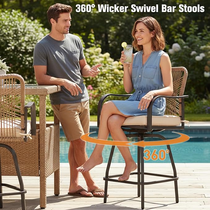 Outdoor Bar Stools Set of 2, 360° Swivel Metal Frame, Wicker Patio Bar Height - Image 4